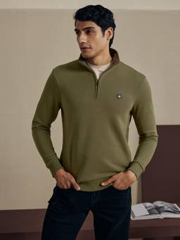 Andamen - Men Cotton Triblend Embroidery Mock neck Olive T-shirt