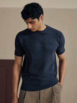 Andamen - Men Pure Cotton Textured Crew Navy Blue T-shirt