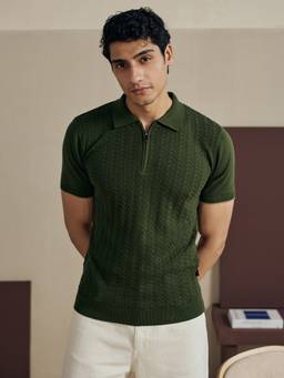 Andamen - Men Pure Cotton Textured Polo Green T-shirt