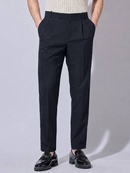 SHOWOFFFF - Men's Navy Blue Straight Fit Pleated Formal Trouser