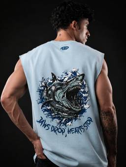 Perch - Sky Bue Shark Print Oversized Tank T-shirt