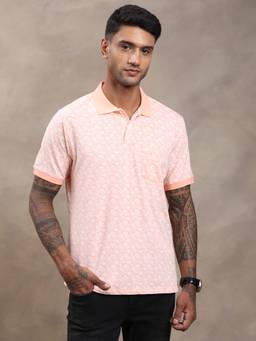 Turtle - Men Peach Micro Print Cotton Stretch Polo T-Shirt