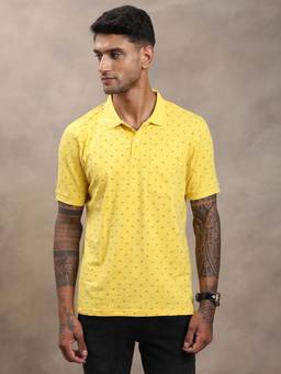 Turtle - Men Yellow Micro Print Cotton Stretch Polo T-Shirt