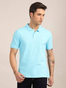 Turtle - Men Sky Blue Solid Cotton Stretch Polo T-Shirt