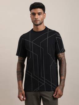 Turtle - Men Black Geometric Print Cotton Stretch Crew Neck T-Shirt
