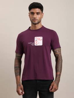 Turtle - Men Maroon Graphic Print Cotton Stretch Crew Neck T-Shirt