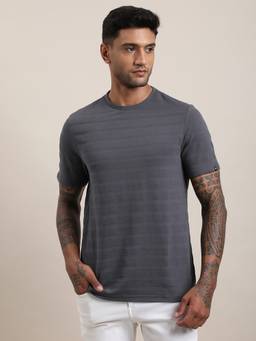 Turtle - Men Charcoal Textured Knitted Crew Neck T-Shirt