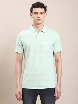 Turtle - Men Mint Green Striped Pure Cotton Polo T-Shirt