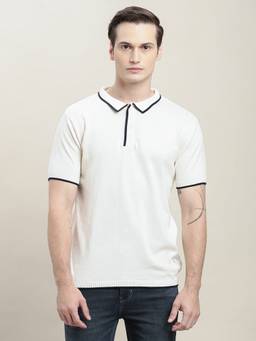 Turtle - Men Off White Solid Pure Cotton Polo T-Shirt