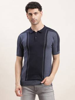 Turtle - Men Navy Blue Colourblocked Pure Cotton Polo T-Shirt