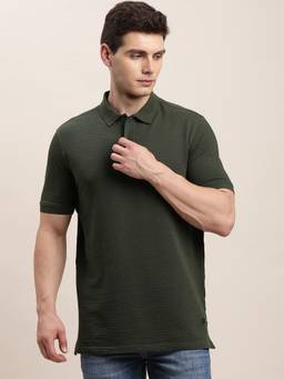 Turtle - Men Dark Olive Solid Knitted Polo T-Shirt
