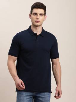 Turtle - Men Navy Blue Solid Knitted Polo T-Shirt