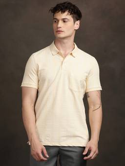 Turtle - Men Cream Textured Polycotton Stretch Polo T-Shirt