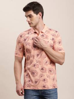 Turtle - Men Peach Floral Print Polycotton Stretch Polo T-Shirt