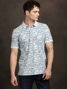 Turtle - Men Light Blue Floral Print Cotton Stretch Polo T-Shirt