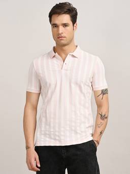 Turtle - Men Blush Pink Striped Cotton Stretch Polo T-Shirt