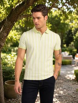 Turtle - Men Pista Green Striped Cotton Stretch Polo T-Shirt