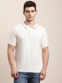 Turtle - Men Off White Textured Knitted Polo T-Shirt