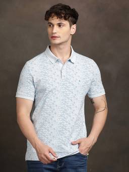 Turtle - Men Light Blue Floral Print Cotton Stretch Polo T-Shirt