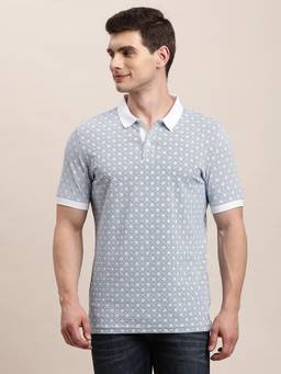 Turtle - Men Light Blue Geometric Print Cotton Stretch Polo T-Shirt