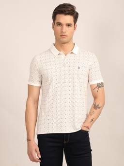 Turtle - Men Cream Micro Print Cotton Stretch Polo T-Shirt