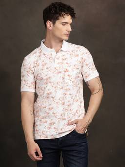 Turtle - Men White Floral Print Polycotton Stretch Polo T-Shirt