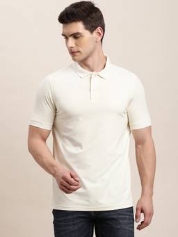 Turtle - Men Cream Solid Knitted Polo T-Shirt