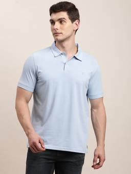 Turtle - Men Light Blue Solid Knitted Polo T-Shirt