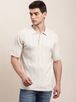 Turtle - Men Off White Solid Knitted Polo T-Shirt