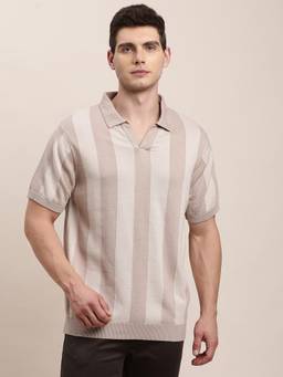 Turtle - Men Beige Striped Knitted Polo T-Shirt