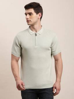 Turtle - Men Sage Green Textured Knitted Polo T-Shirt
