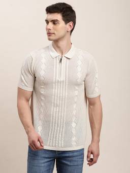 Turtle - Men Beige Textured Knitted Polo T-Shirt