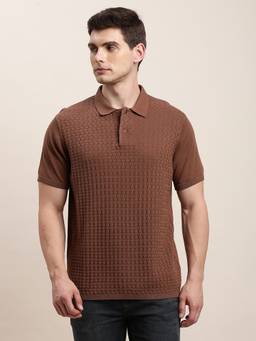Turtle - Men Brown Textured Knitted Polo T-Shirt