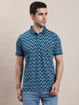 Turtle - Men Teal Geometric Print Cotton Stretch Polo T-Shirt