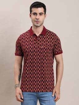 Turtle - Men Red Geometric Print Cotton Stretch Polo T-Shirt
