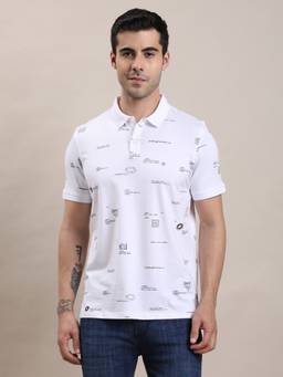 Turtle - Men White Motif Print Cotton Stretch Polo T-Shirt