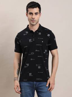 Turtle - Men Black Motif Print Cotton Stretch Polo T-Shirt