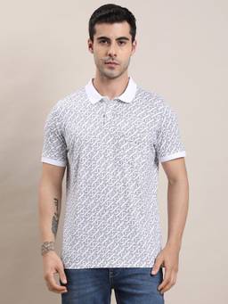 Turtle - Men White Micro Print Cotton Stretch Polo T-Shirt