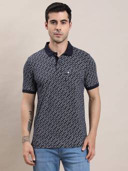 Turtle - Men Navy Blue Micro Print Cotton Stretch Polo T-Shirt