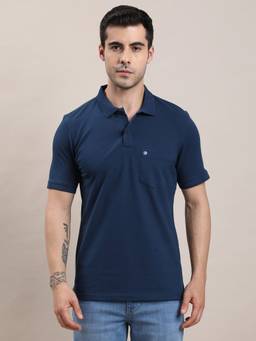 Turtle - Men Navy Blue Solid Cotton Stretch Polo T-Shirt