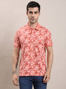 Turtle - Men Orange Floral Print Cotton Stretch Polo T-Shirt