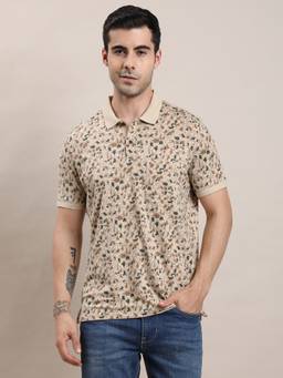 Turtle - Men Beige Floral Print Cotton Stretch Polo T-Shirt