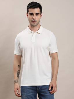 Turtle - Men Off White Solid Cotton Stretch Polo T-Shirt