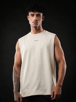 Perch - Beige Solid Oversized Tank T-shirt