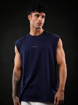 Perch - Navy Blue Solid Oversized Tank T-shirt