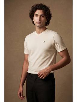 roar for good - Sustainable Men Regular Fit Organic Cotton V Neck Beige T-Shirt