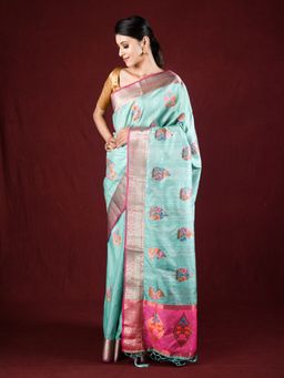 EXCLUSIVA - Blue Soft Tussar Silk Saree Meenakari Weaving with Unstitched Blouse