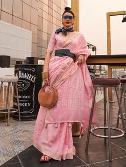 Sareemall - Women Silk Blend Pink Woven Design Handloom Saree with Unstitched Blouse