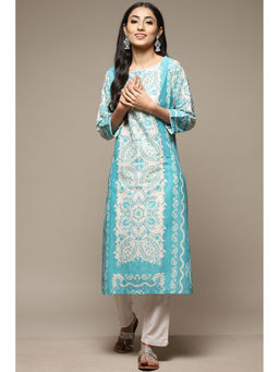 Biba - Womens Blue Printed Cotton Straight Kurta