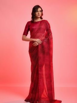 Odette - Red Chiffon Sequins Embroidered Saree with Unstitched Blouse